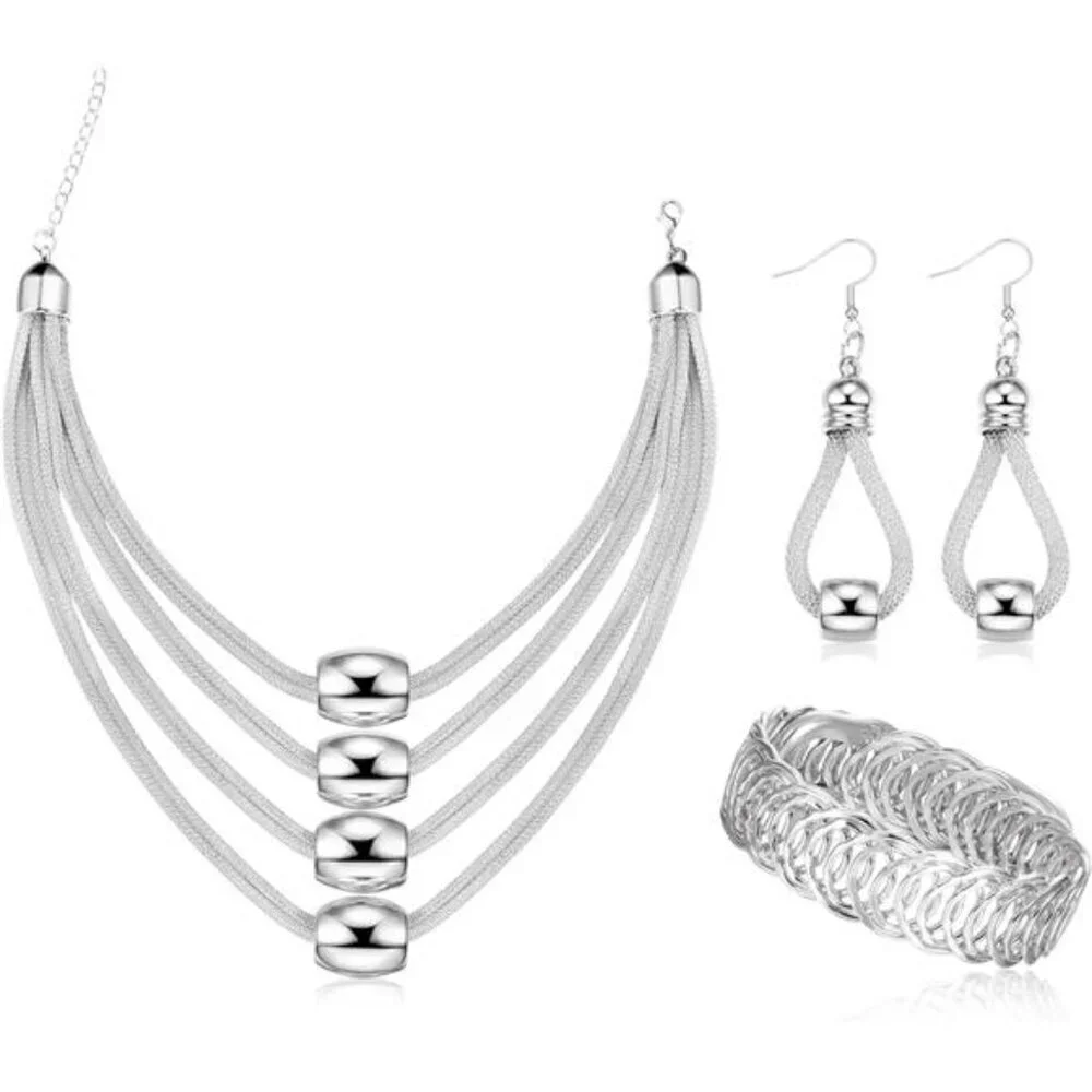 3Pcs Multi-Layer Bib Necklace African Jewelry Set for Women Choker Necklace